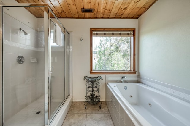 bathroom with tile patterned flooring, wooden ceiling, and shower with separate bathtub