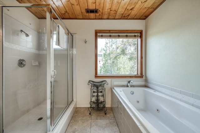 39722 Crest Point Ln, Shaver Lake, CA 93664 - full bath with wood ceiling, a jetted tub, a stall shower, and tile patterned floors