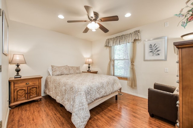 39722 Crest Point Ln, Shaver Lake, CA 93664 - bedroom with wood finished floors, baseboards, recessed lighting, and a ceiling fan