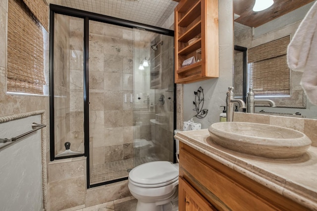 bathroom with vanity, toilet, and a shower with shower door