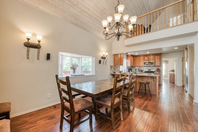 dining room with a notable chandelier, dark hardwood / wood-style floors, wood ceiling, and high vaulted ceiling