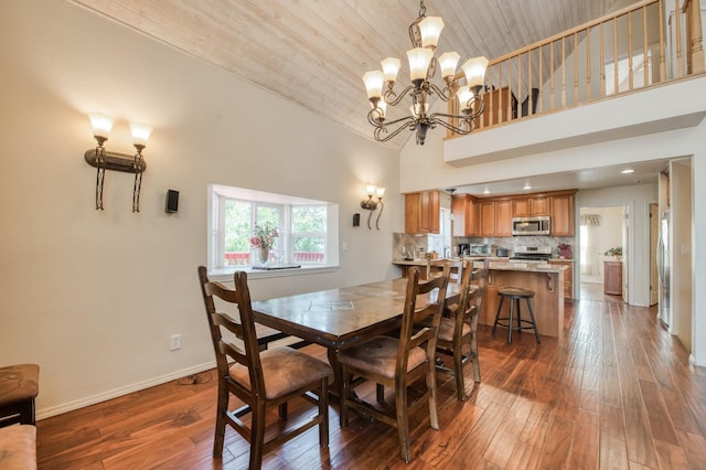 39722 Crest Point Ln, Shaver Lake, CA 93664 - dining area featuring dark wood-style flooring, wood ceiling, a chandelier, baseboards, and a high ceiling