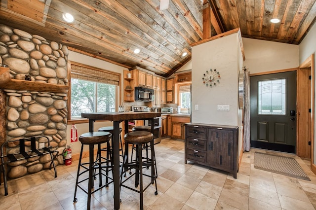 kitchen with stainless steel electric range oven, plenty of natural light, lofted ceiling, and wood ceiling