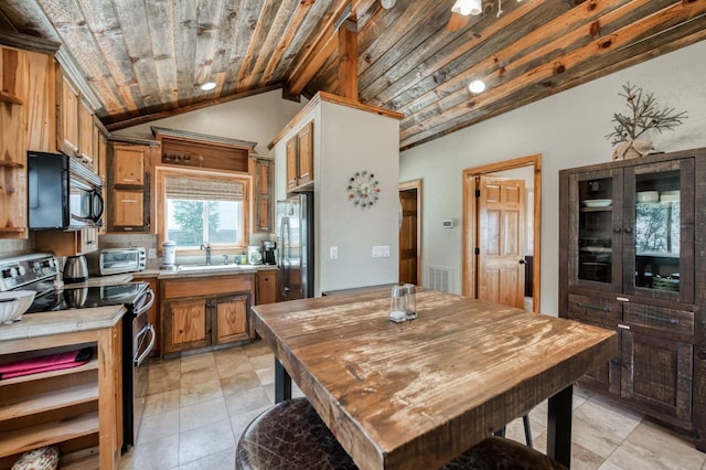 kitchen with sink, vaulted ceiling with beams, decorative backsplash, wood ceiling, and appliances with stainless steel finishes