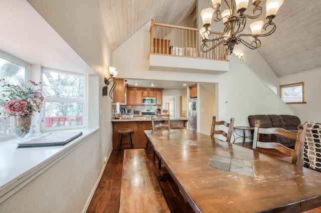 39722 Crest Point Ln, Shaver Lake, CA 93664 - dining space with dark wood-style floors, wood ceiling, high vaulted ceiling, and a chandelier
