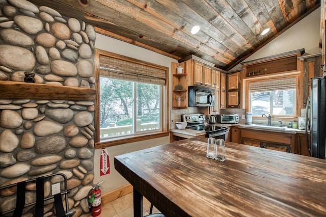 39722 Crest Point Ln, Shaver Lake, CA 93664 - kitchen featuring stainless steel appliances, a sink, wood ceiling, open shelves, and butcher block counters