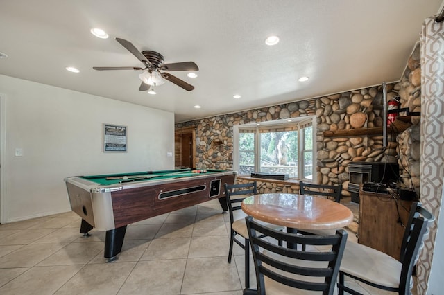 recreation room with ceiling fan, light tile patterned floors, and billiards