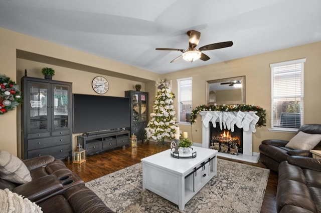 living room featuring ceiling fan and dark wood-type flooring