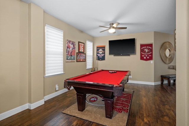 recreation room featuring ceiling fan, dark hardwood / wood-style flooring, and pool table