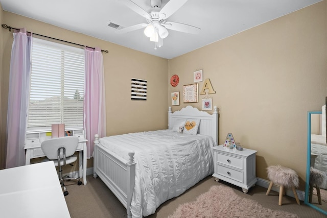 bedroom featuring carpet flooring and ceiling fan