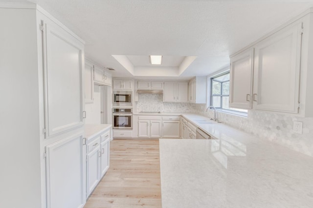 kitchen featuring sink, a tray ceiling, decorative backsplash, white cabinets, and appliances with stainless steel finishes