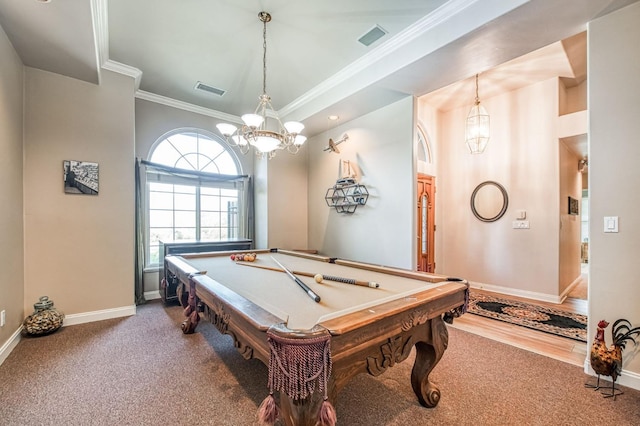 rec room with carpet floors, crown molding, billiards, and a chandelier