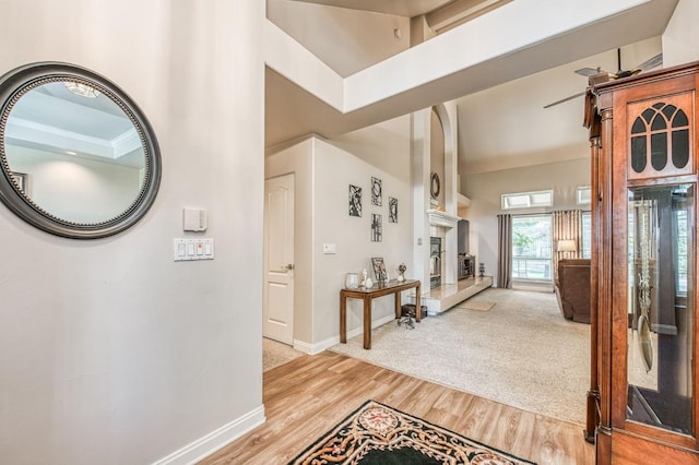 entrance foyer featuring ornamental molding and light wood-type flooring