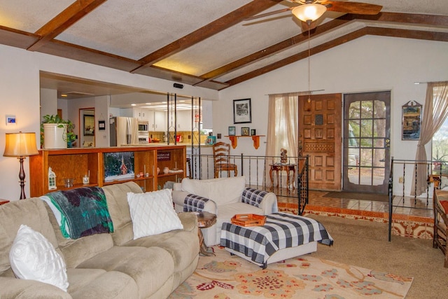 living room featuring ceiling fan, sink, carpet floors, and lofted ceiling with beams