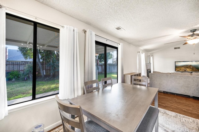 dining room with a healthy amount of sunlight, a textured ceiling, and wood-type flooring