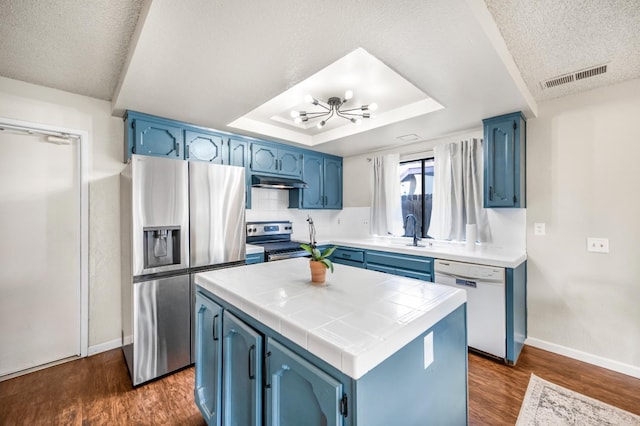 kitchen featuring appliances with stainless steel finishes, a tray ceiling, blue cabinets, dark wood-type flooring, and a kitchen island