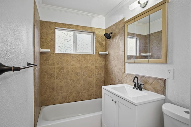 bathroom featuring ornamental molding, shower / bath combination, vanity, and toilet