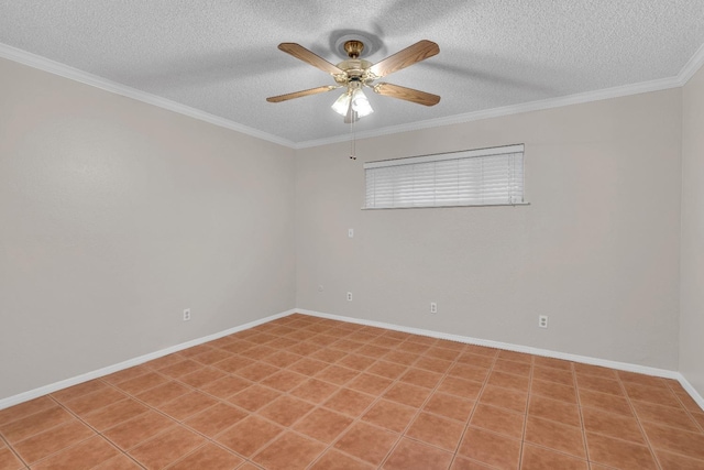 unfurnished room with light tile patterned floors, a textured ceiling, ceiling fan, and ornamental molding