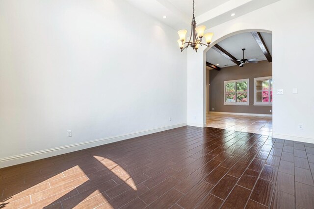 10810 N Matus Ave, Fresno, CA 93730 - unfurnished room with arched walkways, baseboards, beam ceiling, and ceiling fan with notable chandelier