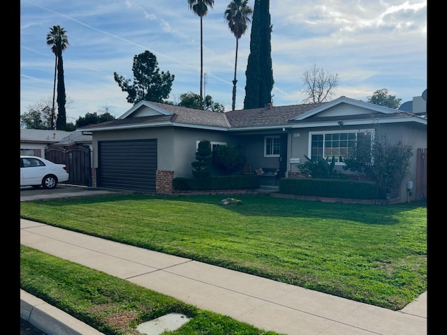 single story home featuring a garage and a front yard