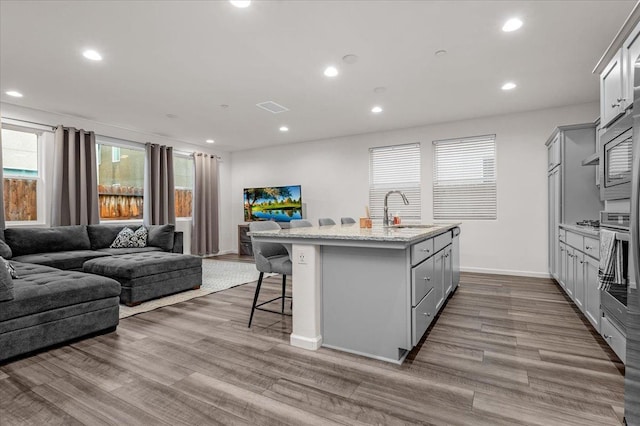 kitchen with gray cabinets, sink, a kitchen bar, and a kitchen island with sink