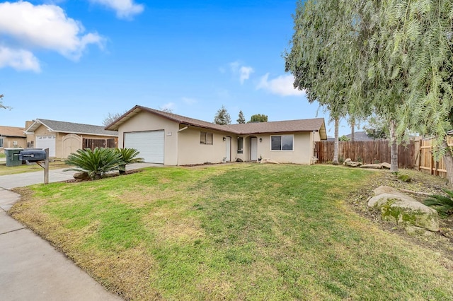 single story home with a garage and a front lawn