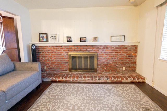 living room featuring a fireplace and dark wood-type flooring