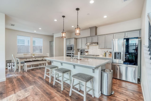 kitchen with pendant lighting, backsplash, a kitchen island with sink, gray cabinets, and appliances with stainless steel finishes