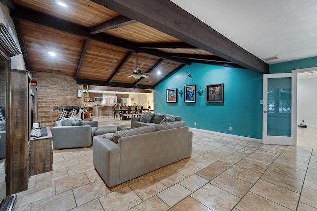 living area with lofted ceiling with beams, ceiling fan, wood ceiling, and visible vents