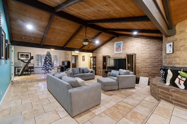 living room featuring lofted ceiling with beams, ceiling fan, and wooden ceiling