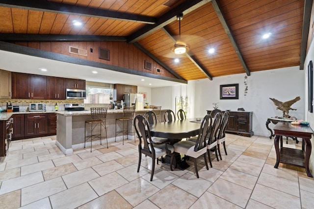 dining area with high vaulted ceiling, wooden ceiling, visible vents, and beam ceiling