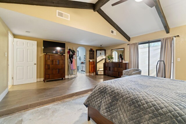 bedroom featuring vaulted ceiling with beams, access to outside, and ceiling fan