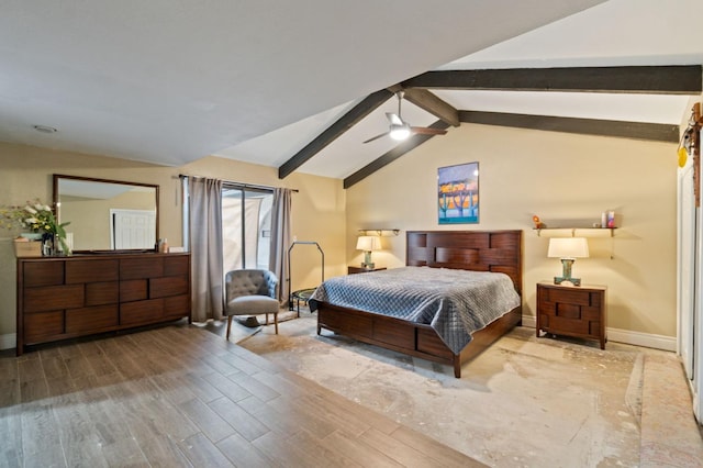 bedroom with vaulted ceiling with beams, ceiling fan, wood finished floors, and baseboards