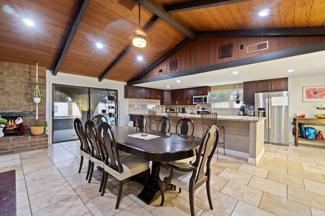 dining room featuring high vaulted ceiling, beam ceiling, visible vents, and wooden ceiling