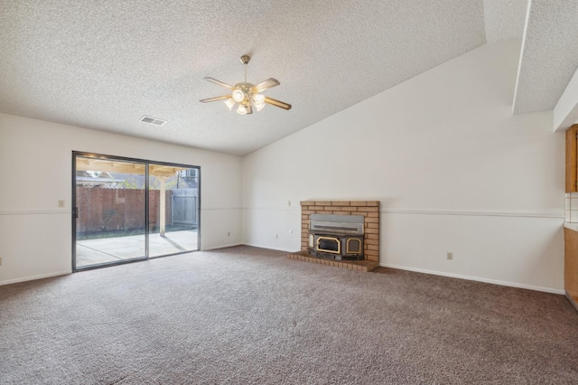 unfurnished living room featuring baseboards, visible vents, a ceiling fan, a textured ceiling, and carpet flooring