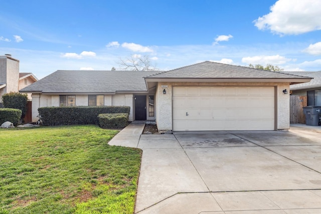 ranch-style home with a garage, driveway, a front lawn, and stucco siding