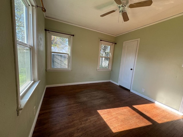 spare room with dark hardwood / wood-style floors, ceiling fan, and crown molding