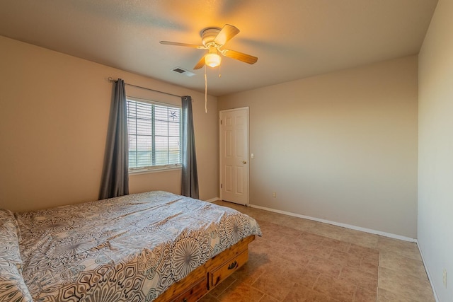 bedroom with visible vents, ceiling fan, and baseboards