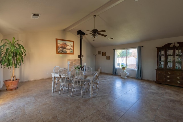 dining area with visible vents, baseboards, a ceiling fan, lofted ceiling with beams, and a wood stove