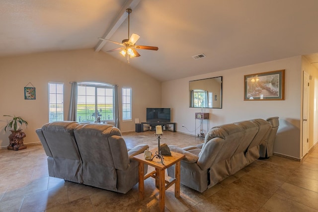 living area with vaulted ceiling with beams, visible vents, and baseboards