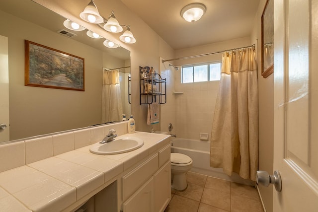 full bathroom featuring toilet, shower / bathtub combination with curtain, vanity, and tile patterned floors