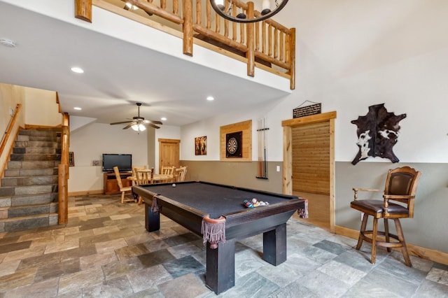 playroom featuring ceiling fan and billiards