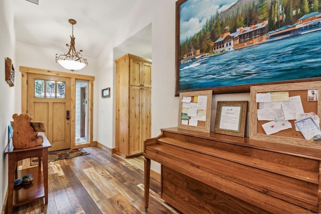 entryway with hardwood / wood-style flooring and lofted ceiling