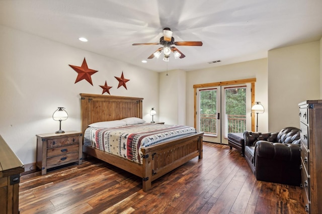 bedroom featuring ceiling fan, dark wood-type flooring, and access to outside