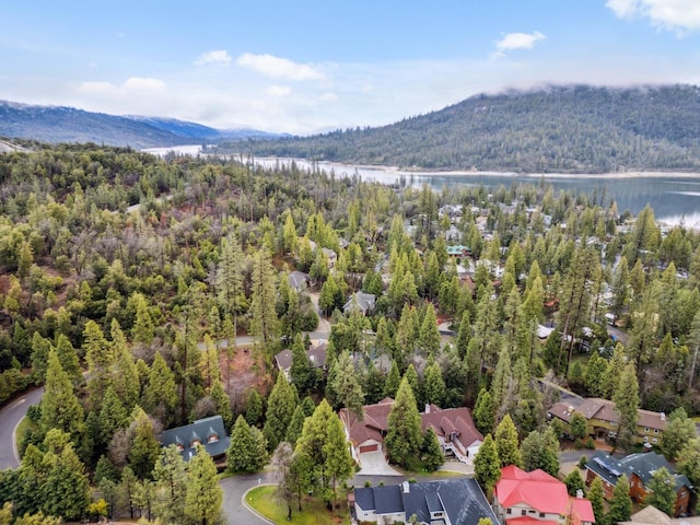 aerial view featuring a water and mountain view