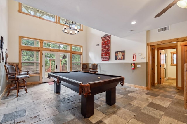 playroom featuring ceiling fan, french doors, and pool table