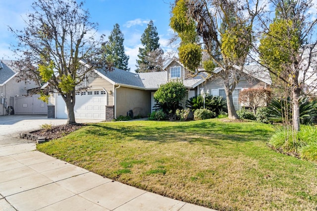 view of front of house with a garage, concrete driveway, a front lawn, and a gate