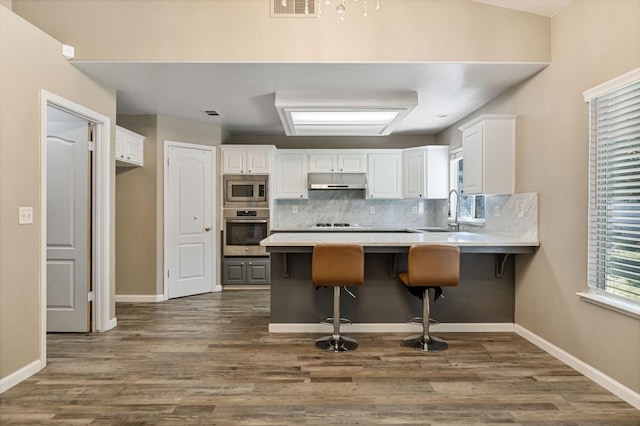 kitchen featuring under cabinet range hood, stainless steel appliances, a peninsula, white cabinetry, and tasteful backsplash