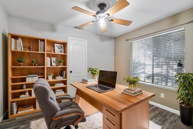 office space featuring dark wood-style floors, visible vents, ceiling fan, and baseboards