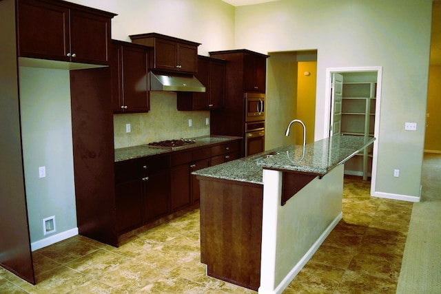 kitchen with backsplash, a kitchen island with sink, ventilation hood, appliances with stainless steel finishes, and stone countertops